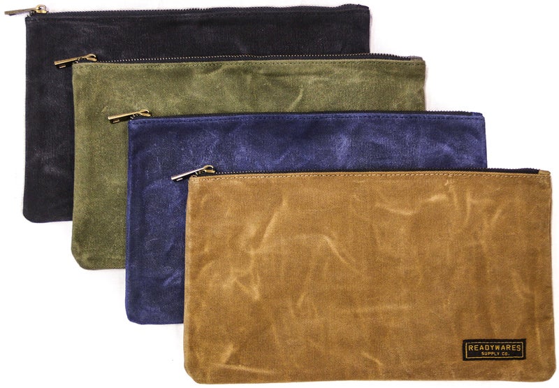 Readywares Waxed Canvas Zipper Pouch, Heavy Duty Canvas Tool Bags, 4 Colors: Tan, Olive, Navy, and Black, 12.5" x 7" - 4-Pack, Small Zipper Pouches for Organization - Image 1